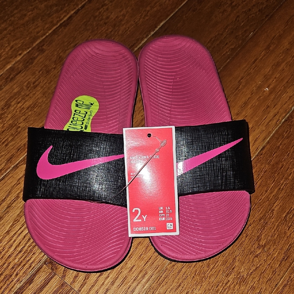 Kids Nike Black and Pink Slide Sandals